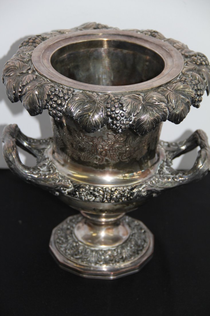 1830's Sheffield Old Plate Urn/Wine Cooler: 26-536 Sheffield Old Plate Wine Cooler. Circa 1830 in England before electroplating. Hand made by a fine and notable silversmith. Removable Interior Bucket and Rim. No Marks. 11.50 T x 10" diameter
