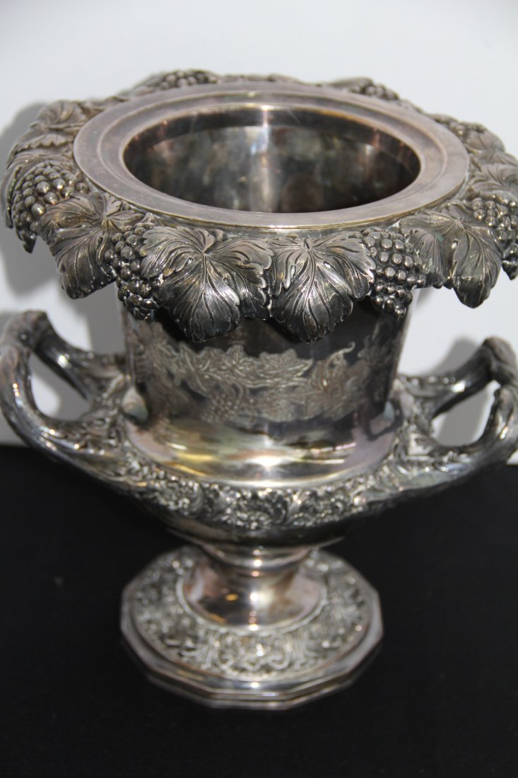 1830's Sheffield Old Plate Urn/Wine Cooler: 27-535 Sheffield Old Plate Wine Cooler. Circa 1830 in England before Electroplating. Hand made by a fine and notable silversmith. Removable Rim and Int Buerior bucket. No marks. 11.50" t x 10" diamete
