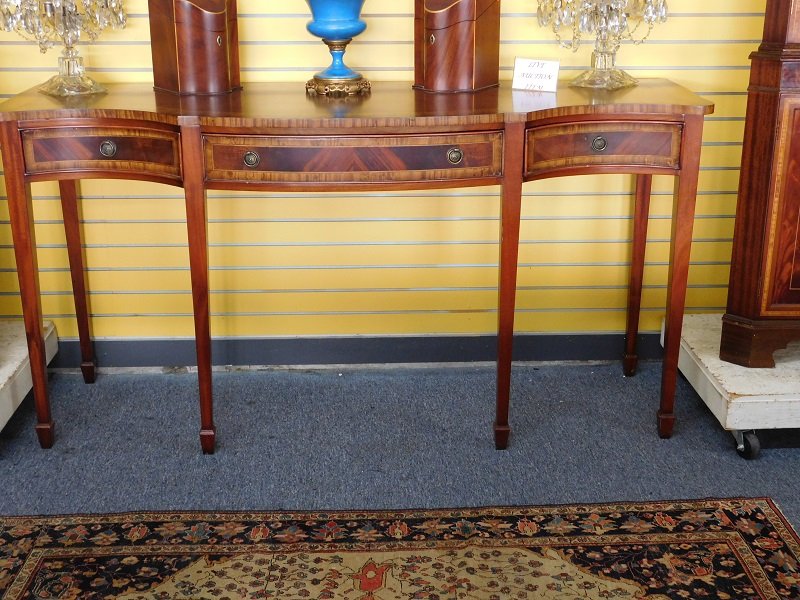 Inlaid Mahogany Sideboard: Inlaid mahogany sideboard with 3 drawers. String inlay trim around the drawers and top. Measures 72 in. long, 24 deep, 37 in. tall.