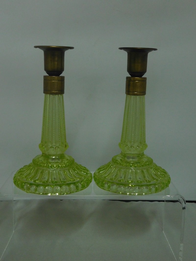 Vaseline Glass Candlesticks (1 of 2)