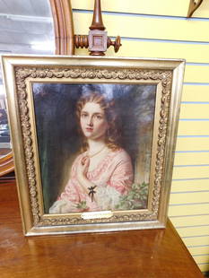 Oil on Canvas Portrait of an English Maiden: Oil on canvas of an English Maiden. Gilt frame. Measures 15 1/2 x 17 1/2 with the frame.