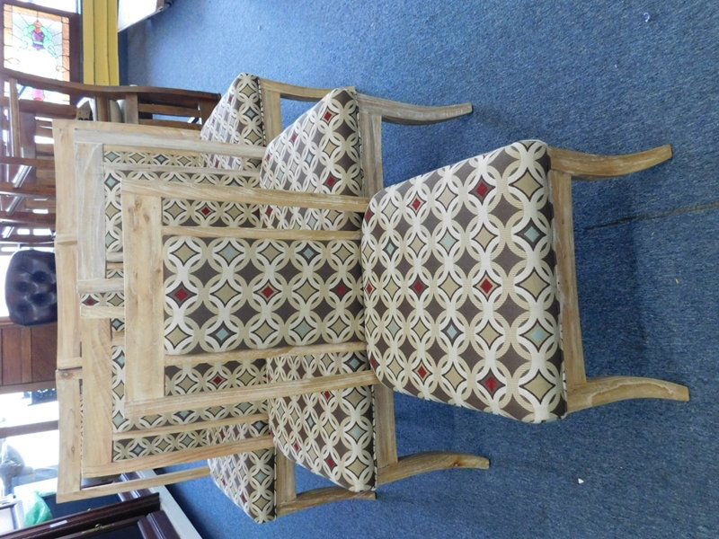 Set of 6 Dining Room Chairs: Set of 6 dining room chairs. White washed wood frame with light beige, brown, blue and red upholstery. Measures 39 inches tall.