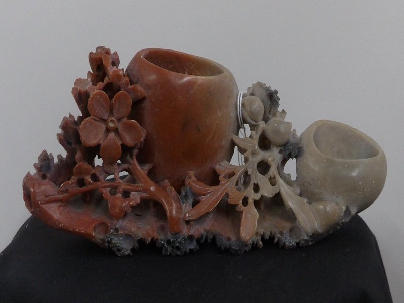 Carved Soapstone Chinese Vase: Carved soapstone Chinese vase. Measures 8 inches long and 3 inches tall.