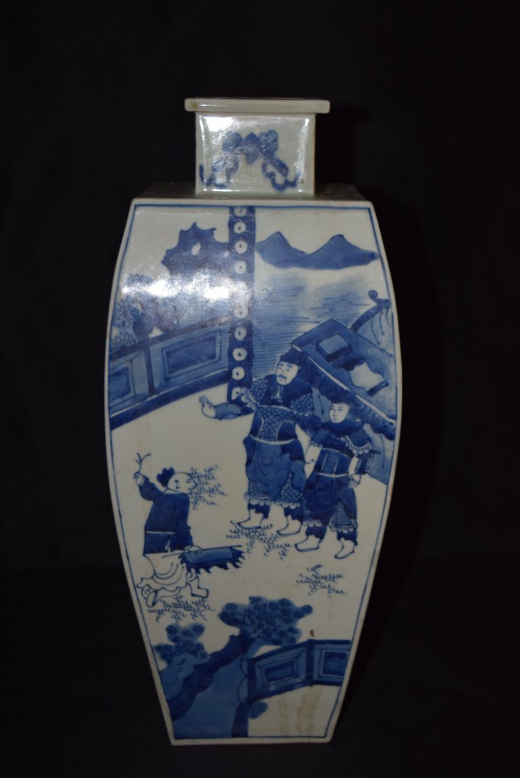Chinese Blue and White Square Vase: Chinese blue and white square vase. Measures 17 inches tall and 1 1/2 x 3 1/2 at the opening.
