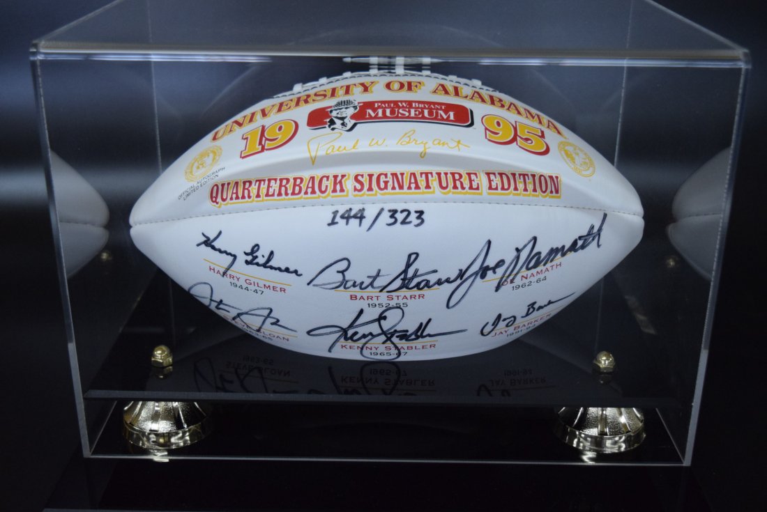 University of Alabama Quarterback Signature Edition Foo: University of Alabama Quarterback Signature Edition Football. Harry Gilmer, Bart Starr, Joe Namath, Steve Sloan, Kenny Stabler and Jay Barker. In protective case. 144/323