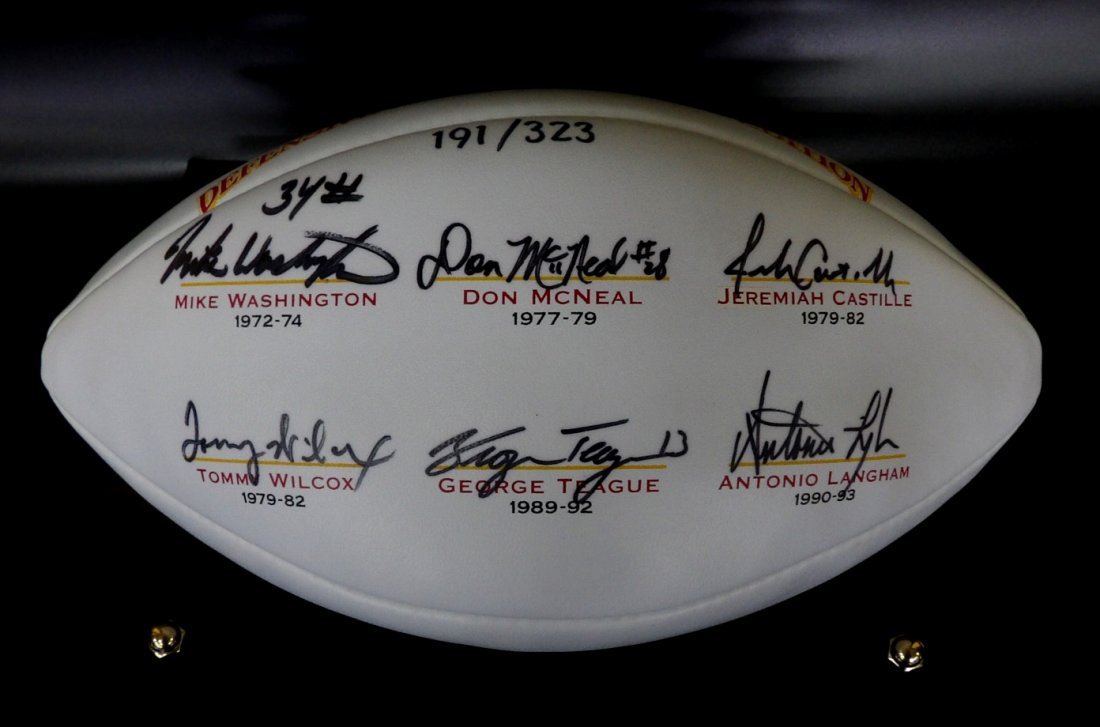 2001 University of Alabama Defensive Backs Signature Ed: 2001 University of Alabama Defensive Backs Signature Edition Football in protective case. 191/323. Mike Washington, Don McNeal, Jeremiah Castille, Tommy Wilcox, George Teague, Antonio Langham