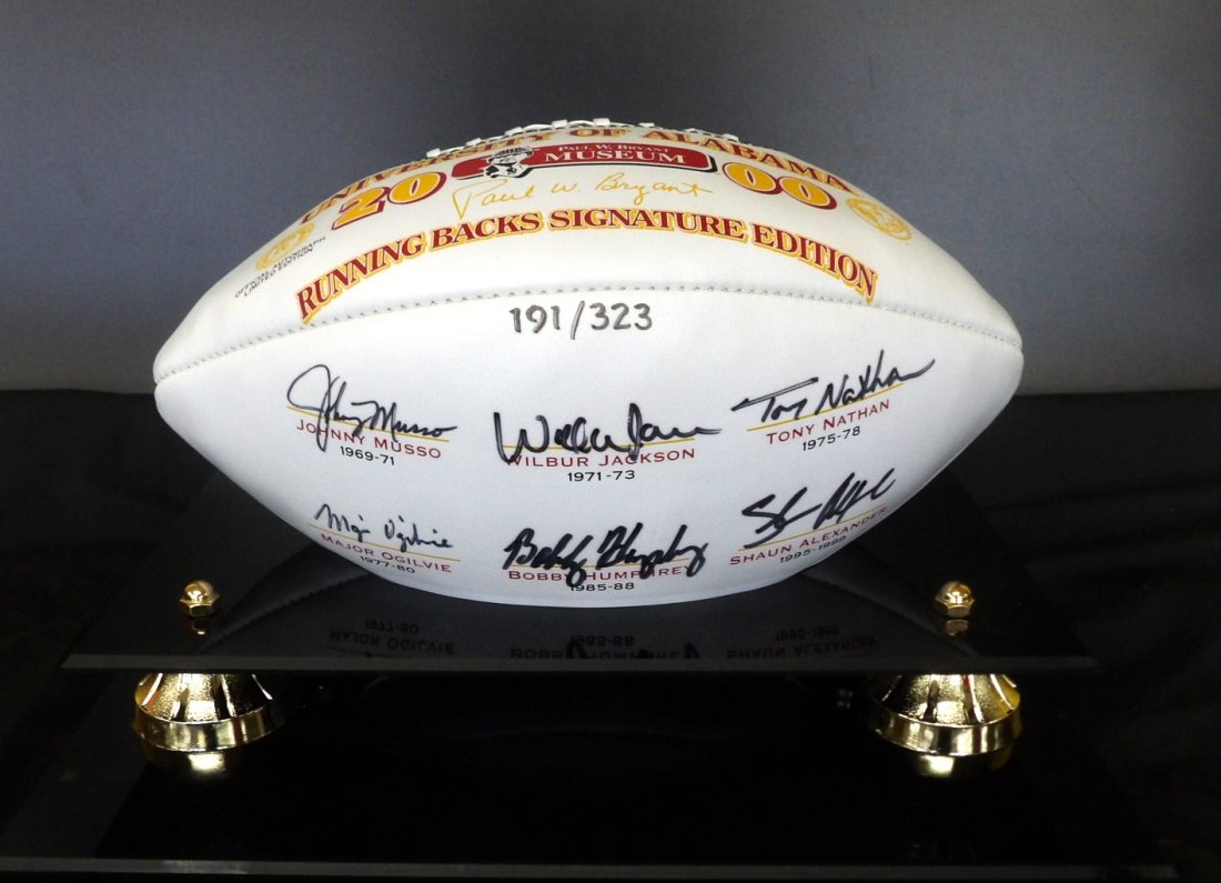 2000 University of Alabama running Backs Signature Edit: 2000 University of Alabama Running Backs Signature Edition Football in protective case. 191/323. Johnny Musso, Wilbur Jackson, Tony Nathan, Major Ogilvie, Bobby Humphrey, Shaun Alexander.