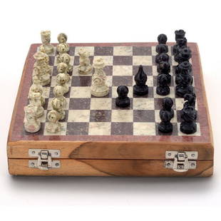 Irish Art Deco Hand-Carved Burl Wood Geometric Chess Set with Inlaid Wood  Board For Sale at 1stDibs