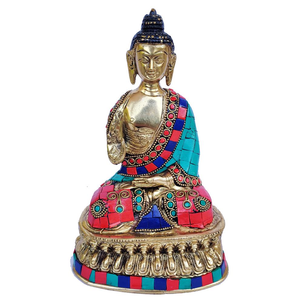 Brass Idol of Buddha Blessing Posture Studded Stones - (1 of 5)