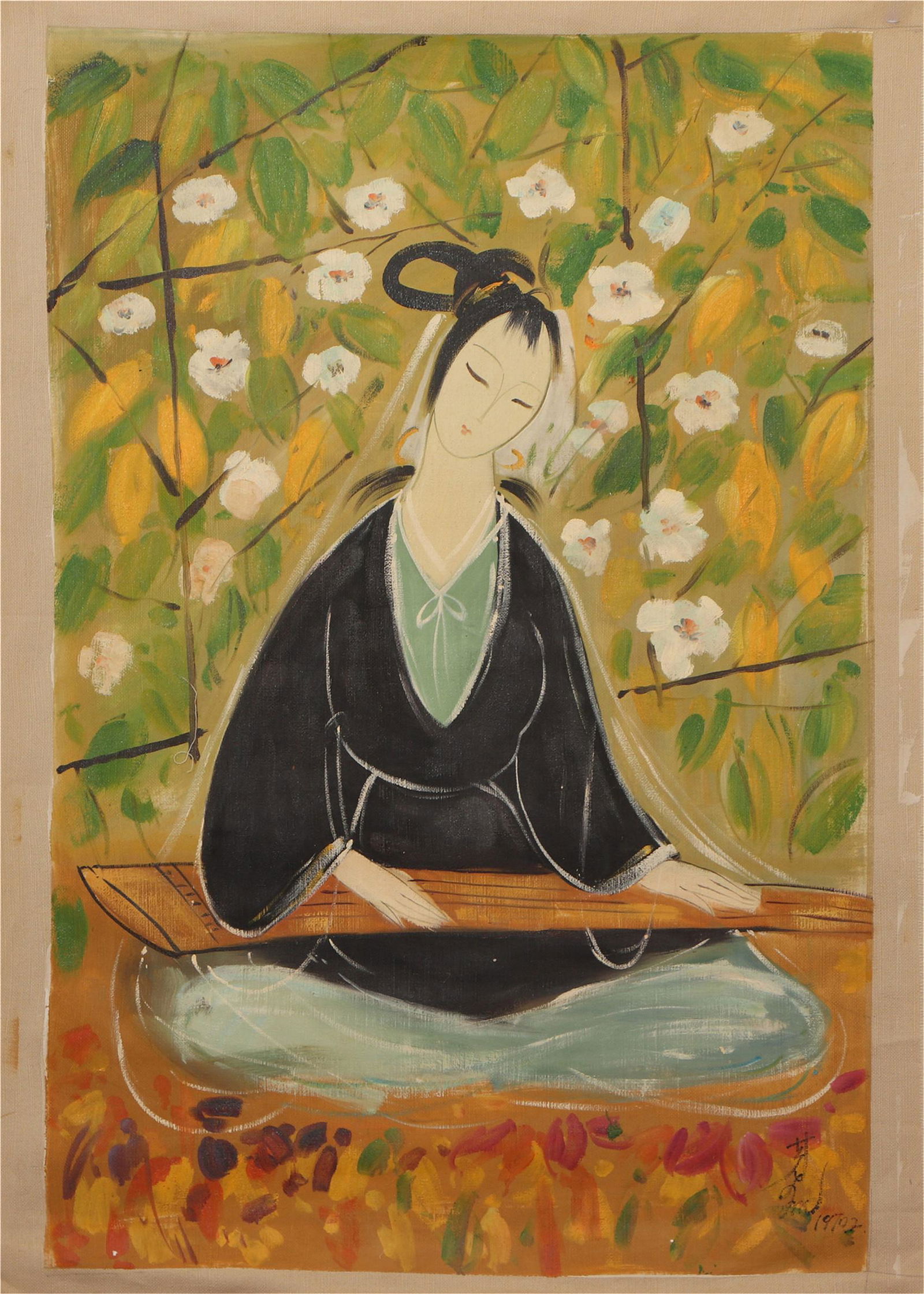A Chinese Painting of Lady Playing a Musical Instrument (1 of 3)
