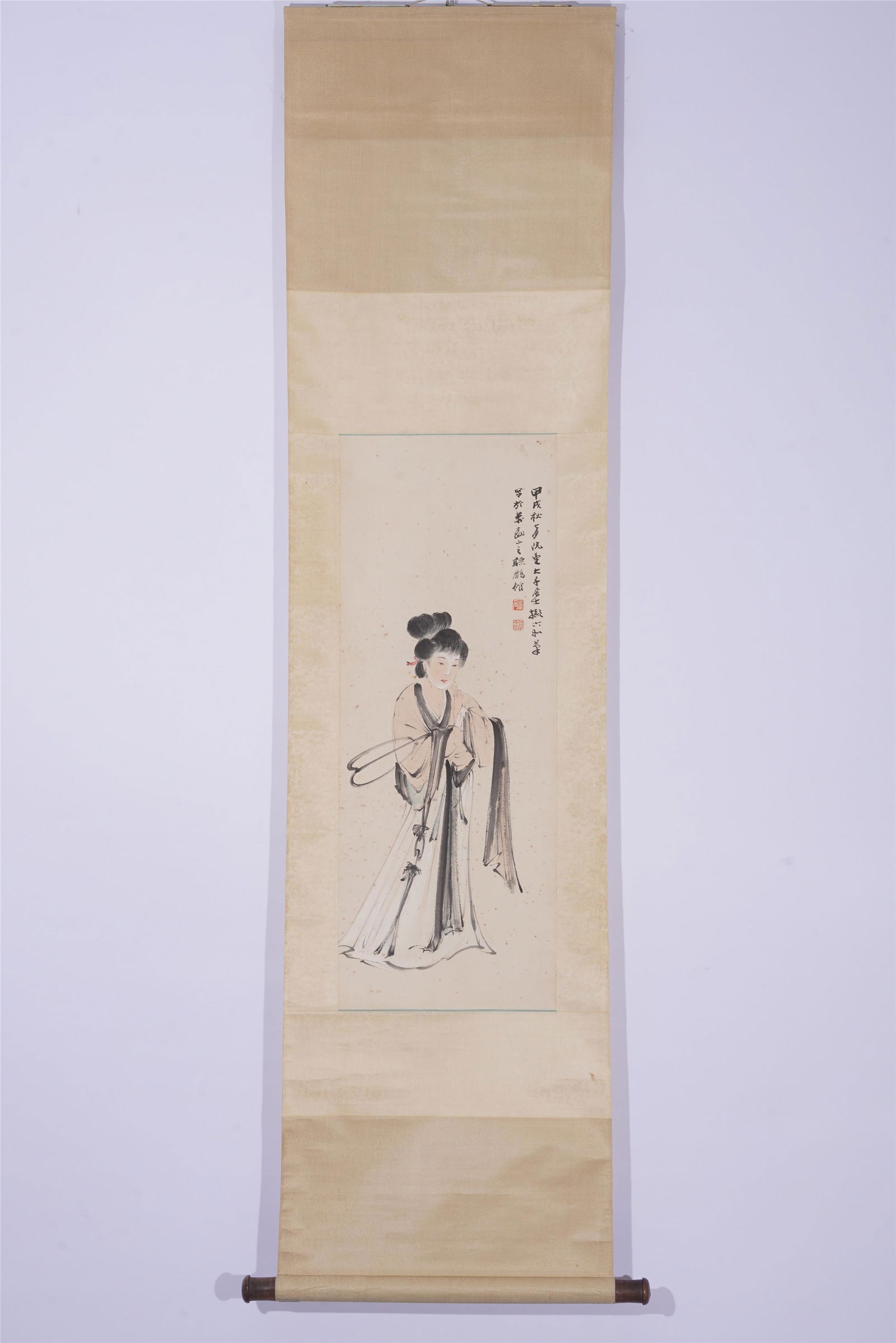 A CHINESE PAINTING HANGING SCROLL OF STANDING BEAUTY (1 of 6)