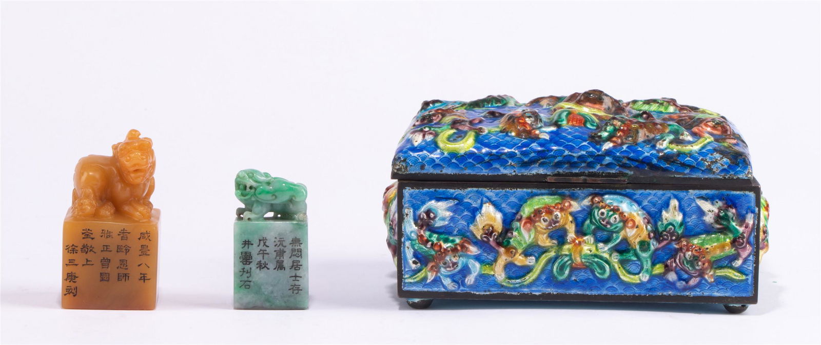 TWO CHINESE INSCRIBED BEAST SEALS WITH BOX (1 of 11)
