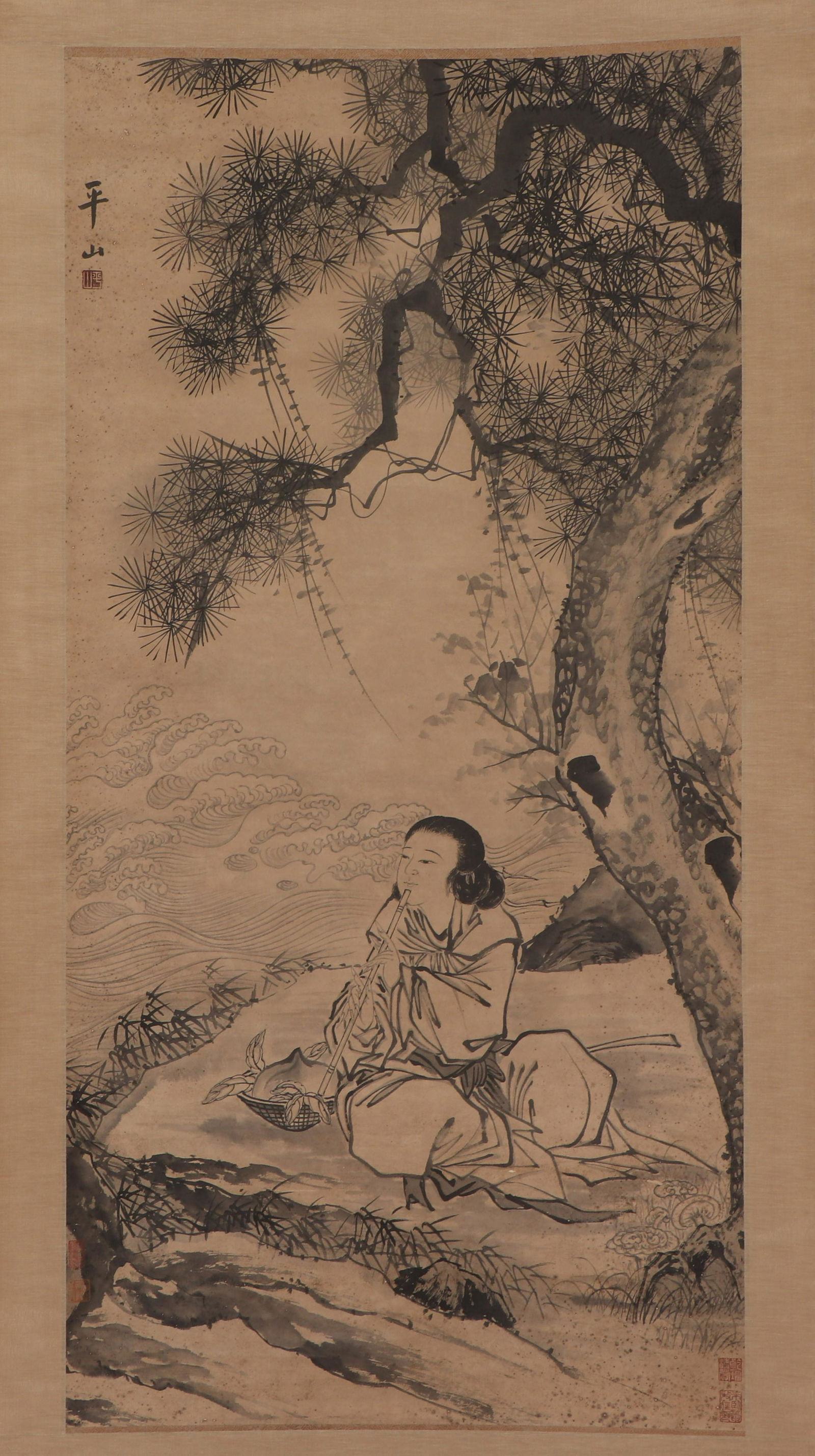 A CHINESE PAINTING OF FIGURE UNDER PINE: Image only size 134 cm by 66 cm.