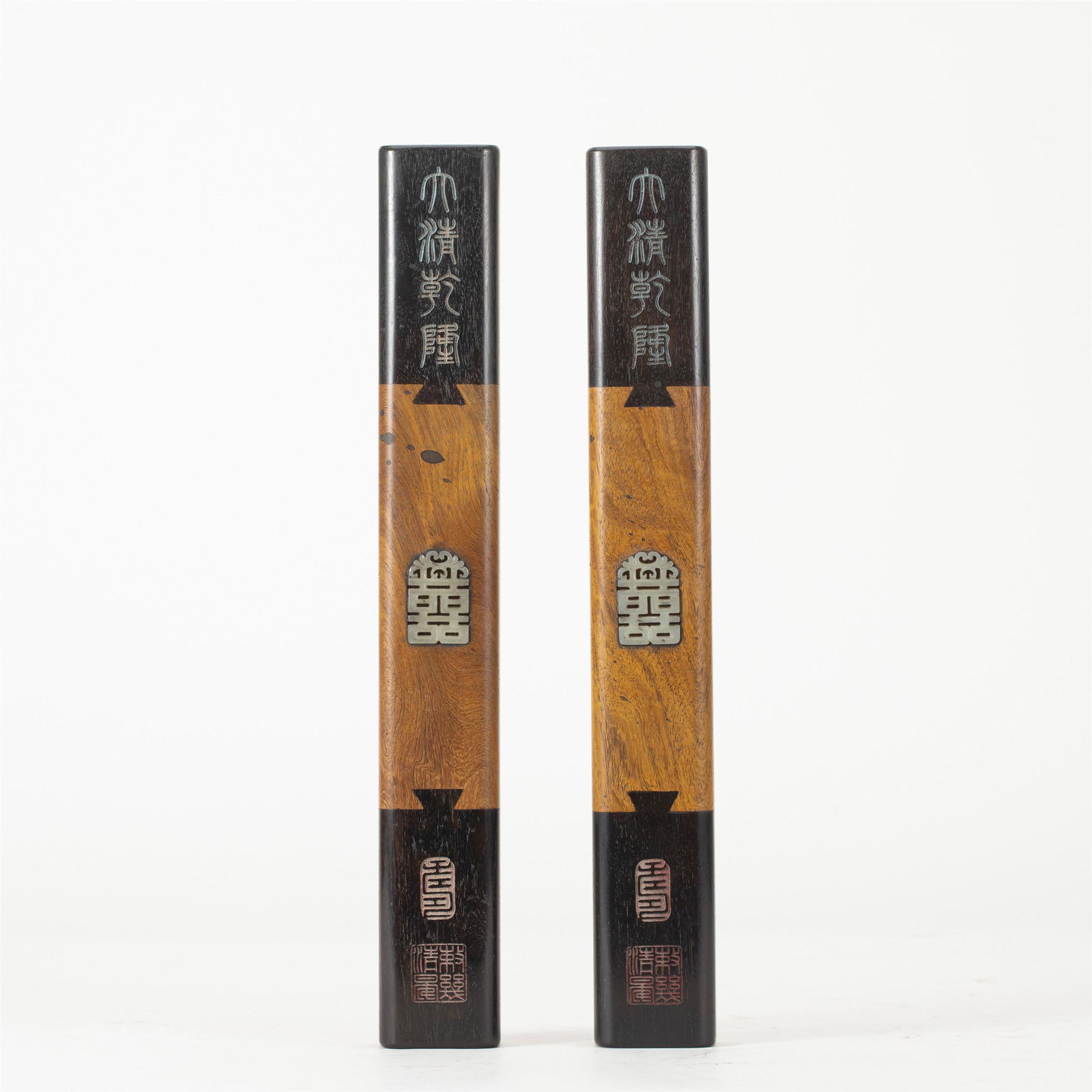 PAIR CARVED JADE INLAID HARDWOOD PAPERWEIGHTS (1 of 10)