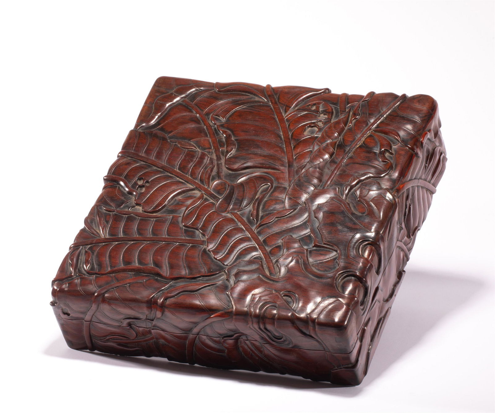A CARVED BANANA LEAVES HARDWOOD SQUARED BOX (1 of 10)