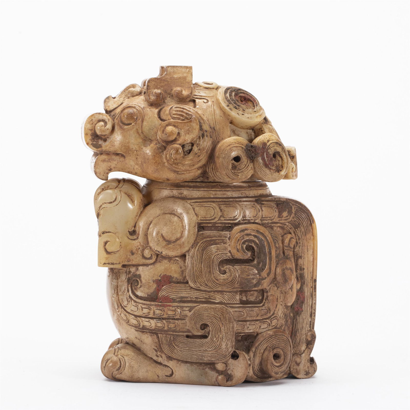 A CARVED MYTHICAL BEAST JADE VASE WITH COVER (1 of 10)