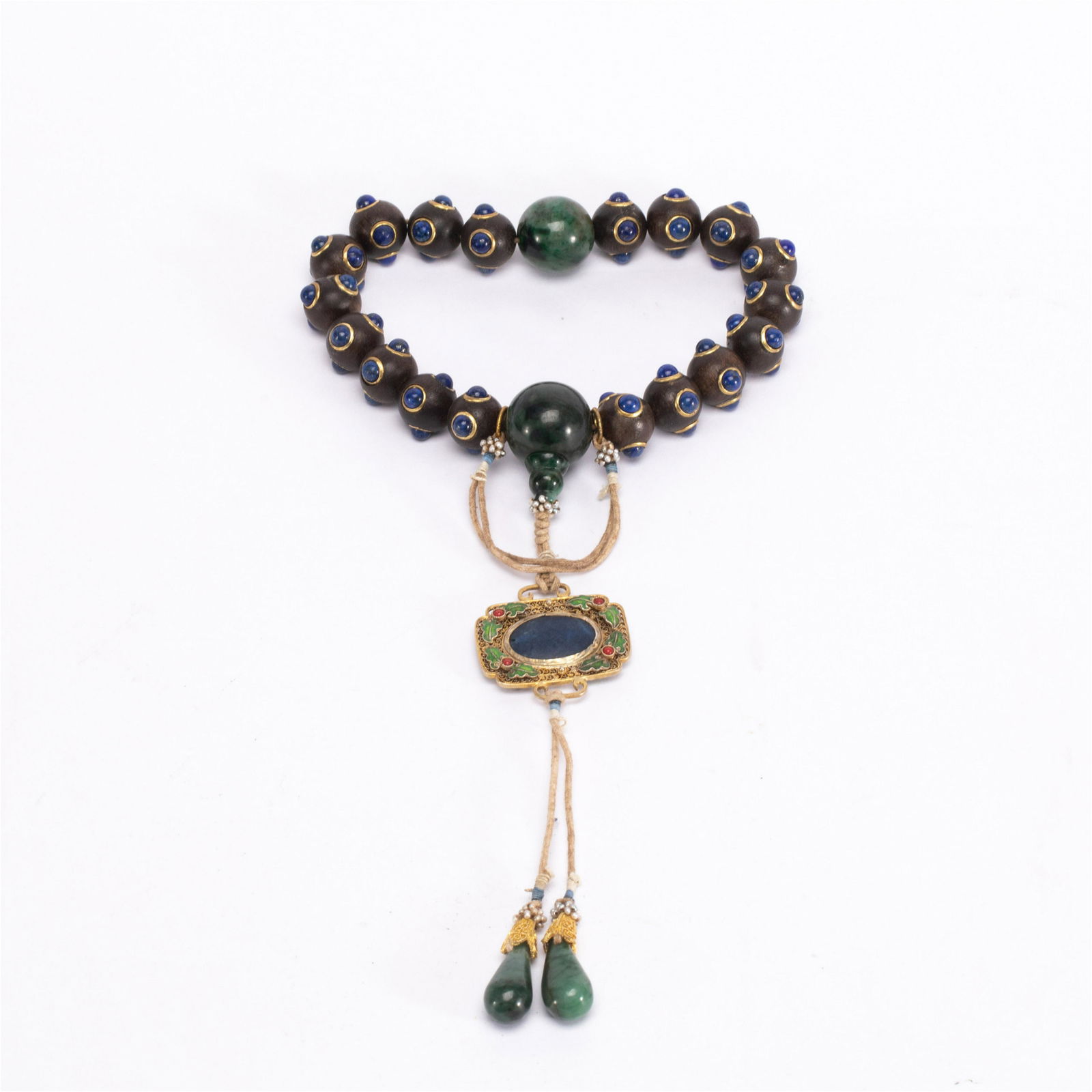 A CHINESE LAPIS INLAID ALOESWOOD PRAYER BEADS (1 of 10)
