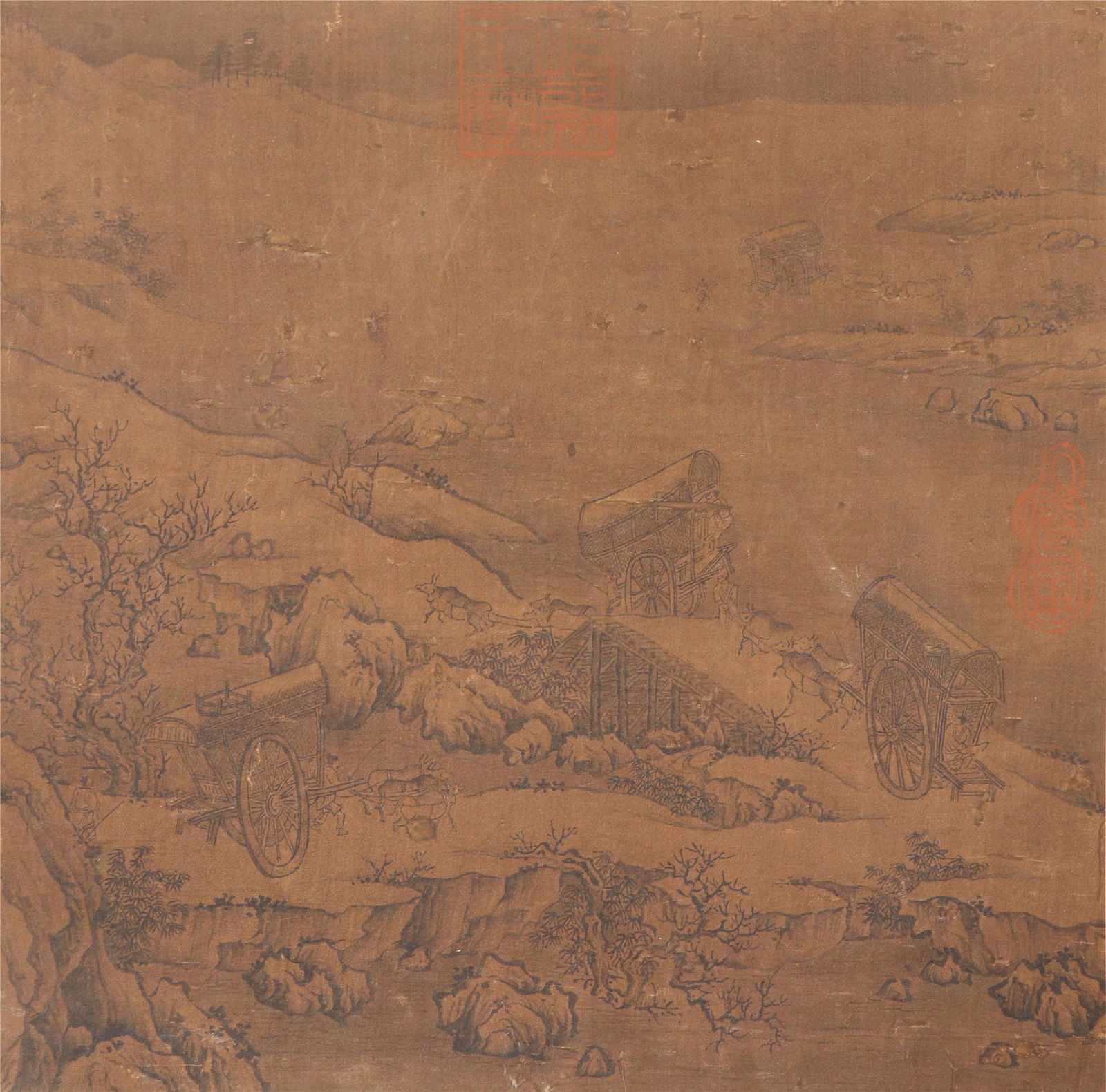 A CHINESE PAINTING OF LANDSCAPE AND FIGURES: Image only size 26 cm by 26 cm.