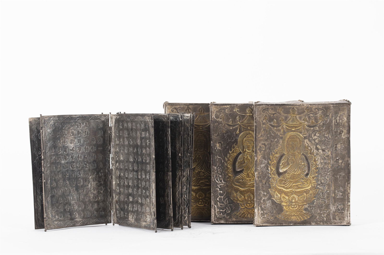 THREE BRONZE PARTLY GILT BUDDHIST SUTRAS (1 of 10)