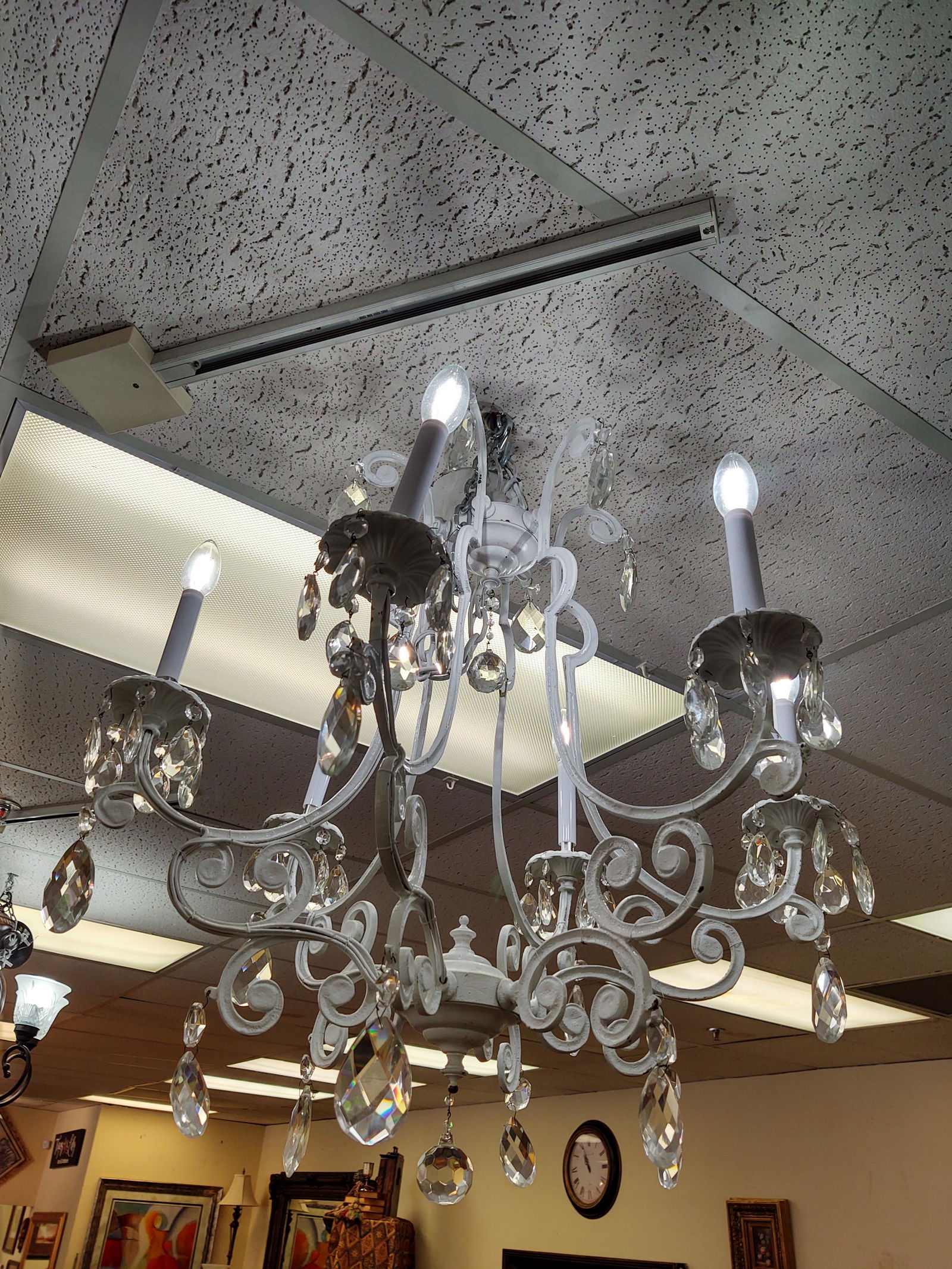 Shabby Chic Vintage 6 Arm White Chandlier: Shaby Chic Vintage 6 Arm White Chandlier/w Crystal Prisms. lighting, white chandelier, shabby chic, home, decor