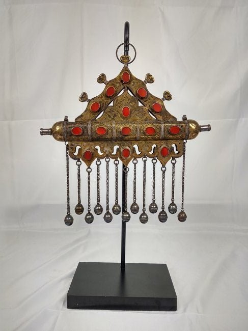 Indian Silver & Carnelian Gemstone Studded Art on Stand: Indian silver art piece studded with Carnelian gemstones suspended on its own stand. Dimensions: H 21" x W 12" x D 5".