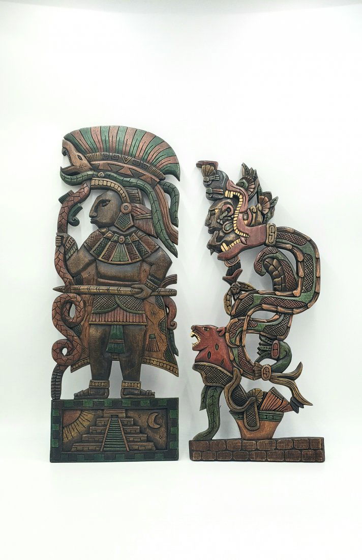 Pair of Aztec Inspired Wooden Carved Wall Hangings (1 of 5)