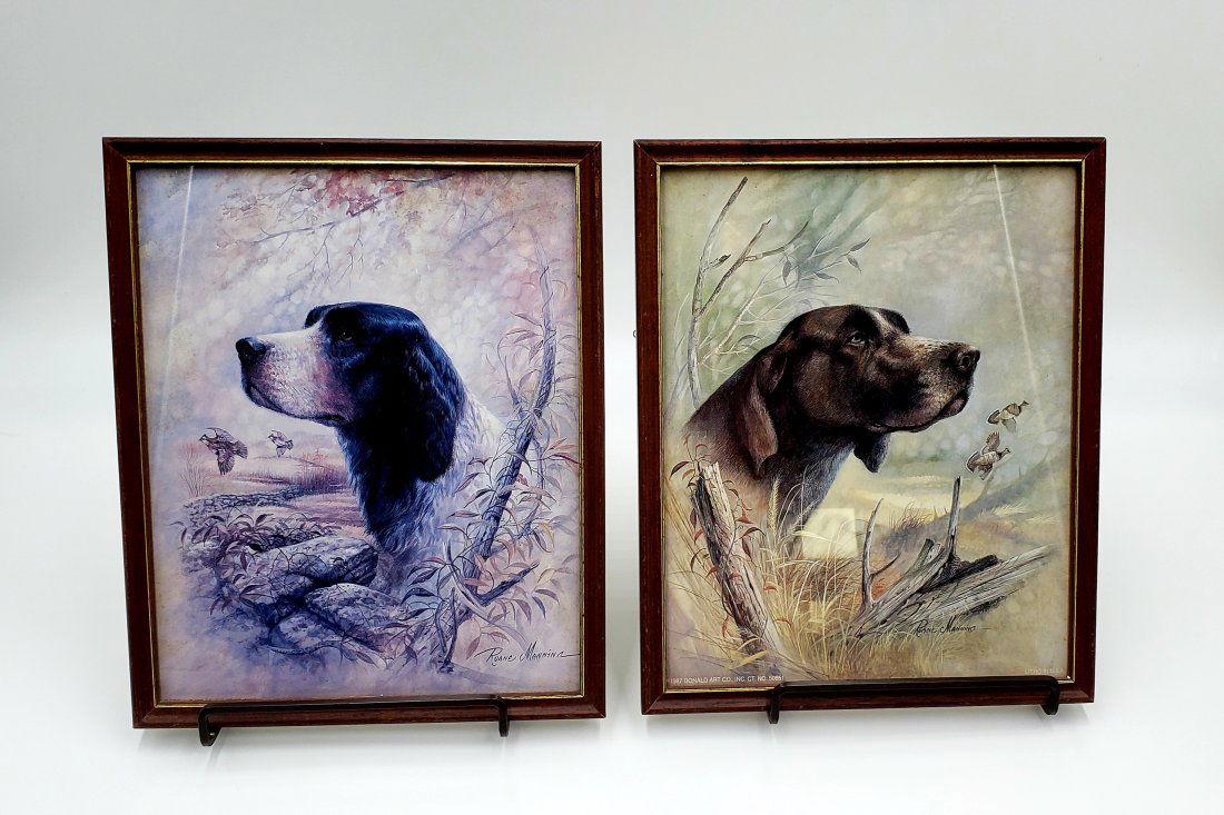 Ruane Manning Hunting Dog Print Set: Set of two Ruane Manning signed vintage quail hunting dog lithograph prints in wood frames. CIRCA: 1987 by Donald Art Co. Inc. ORIGIN: U.S.A. Manning (Born 1939) is an internationally reputed American