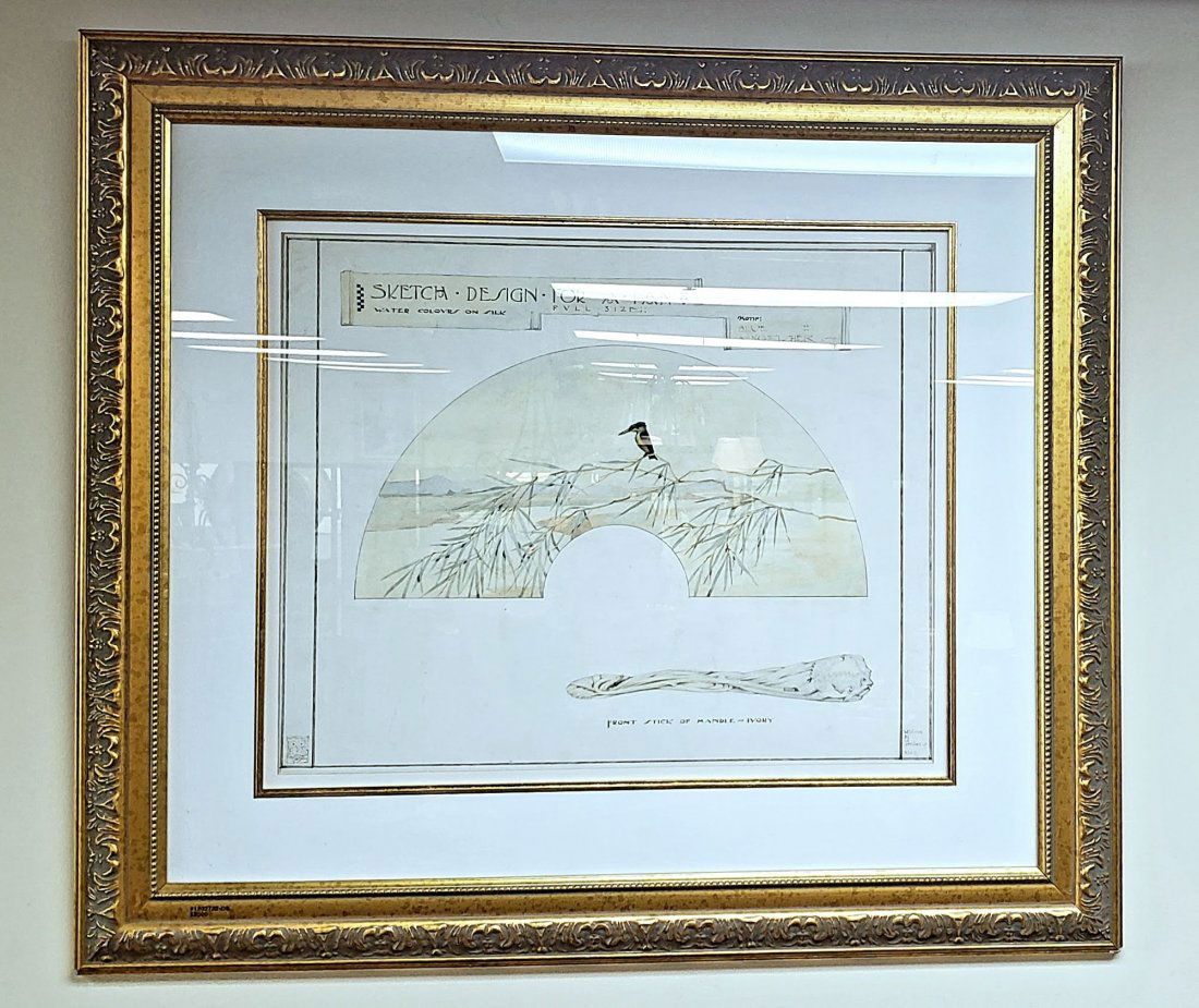 Full Size Antique Sketch Design by William M. Timlin: Fabulous William M. Timlin 1914 full-size sketch design on silk with watercolors for a fan illustrating an African Blue Kingfisher perched on bamboo branches and includes a drawing of the front detail