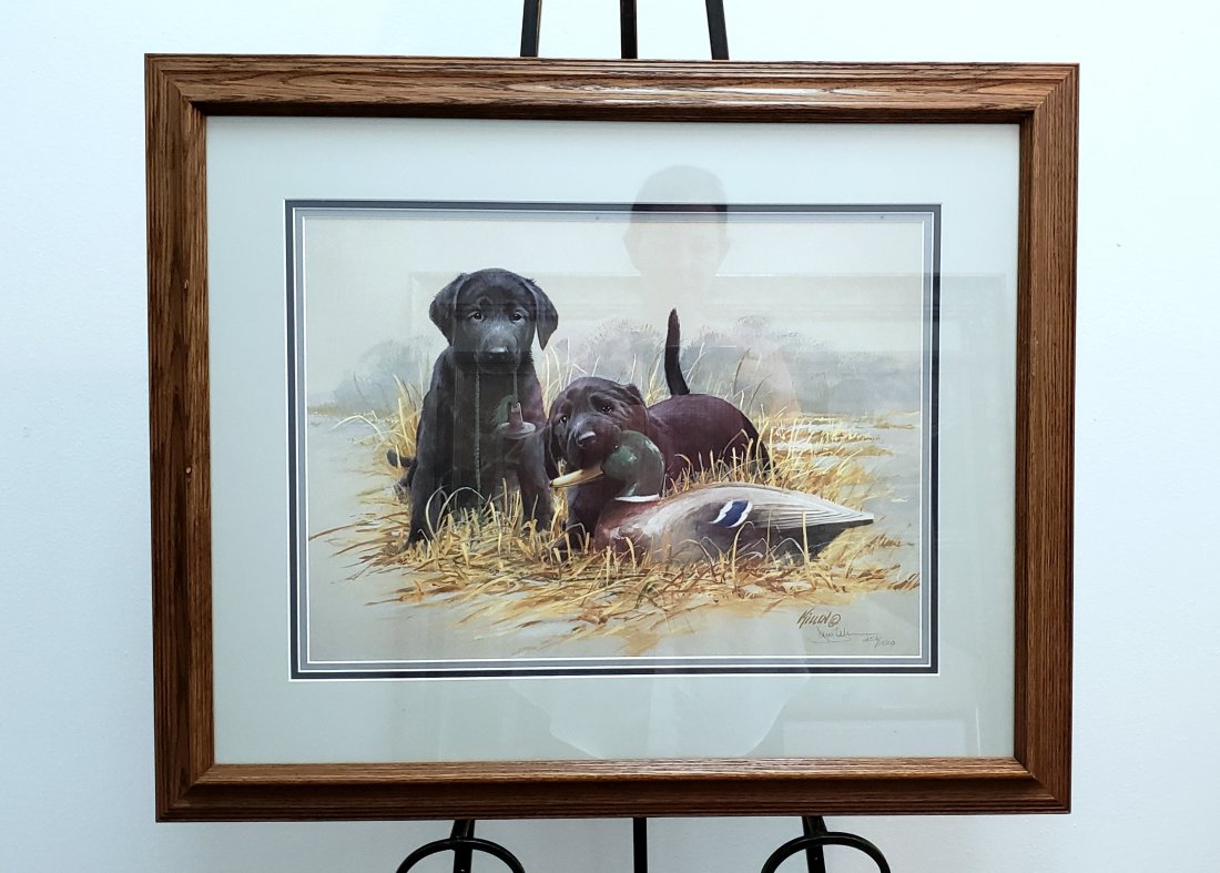 "Double Trouble - Black Labs" by Jim Killen: Jim Killen (b. 1934) authentic reproduction of his charming "Double Trouble - Black Labs" is a 1990 limited edition print. It is number 256 from an edition of 1500 signed and numbered prints and 100 a