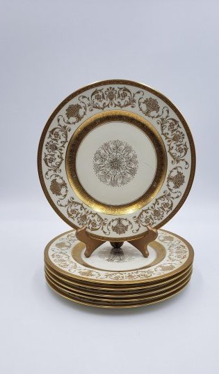 Six Vintage K&A Krautheim Bavarian Dinner Plates: K&A Krautheim, Selb Bavaria, made these six exquisitely gilded white porcelain chargers/dinner plates in the early 20th Century. The Krautheim & Adelberg Porcelain Factory in Selb, Bavaria, Germany st
