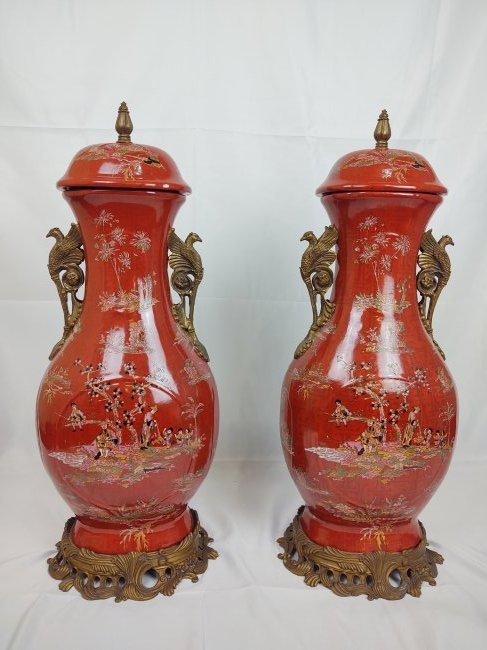 Pair of Large Chinoiserie Urns with Bronze Accents (1 of 7)