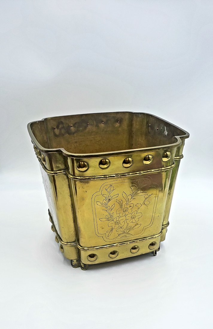 Solid Brass Etched Floral Palm Waste Bin (1 of 10)
