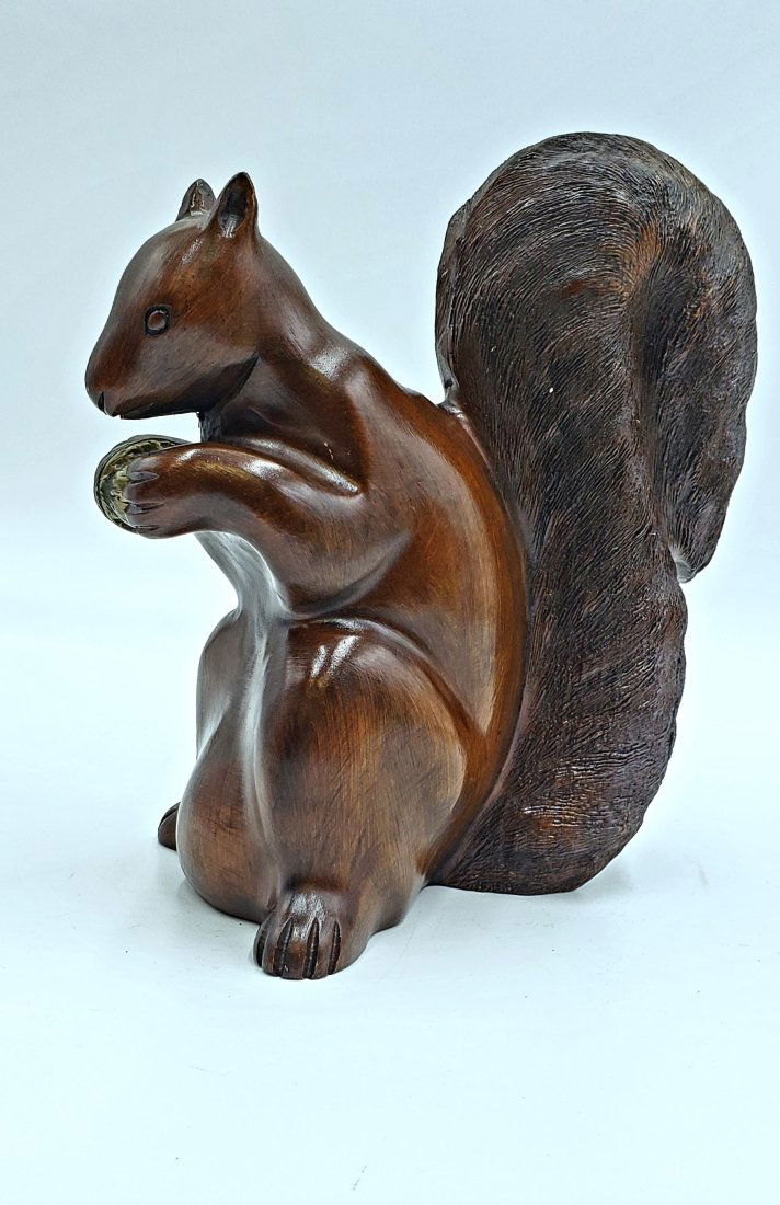 Solid Wood Carved Squirrel Sculpture with Brass Walnut (1 of 7)