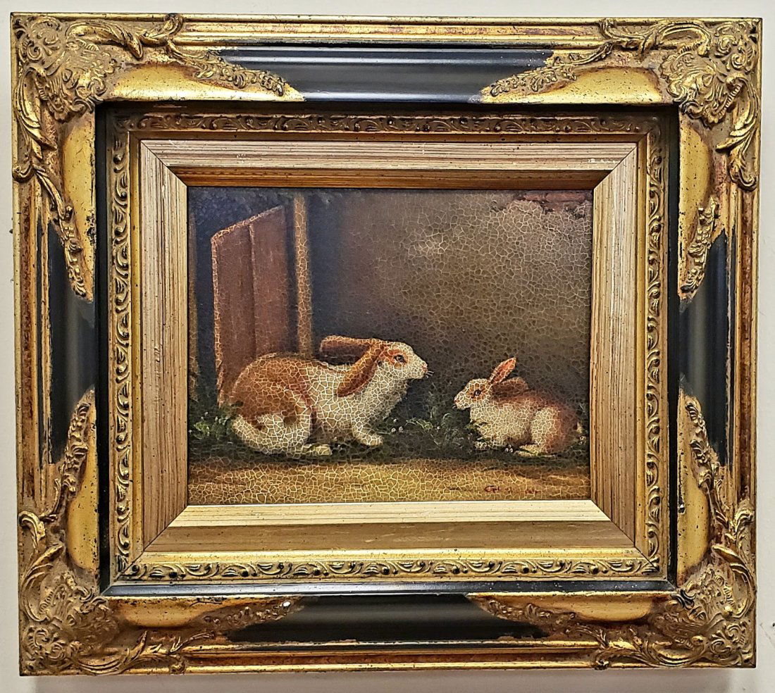 Vintage Oil on Canvas Crackled Finish Pair of Rabbits (1 of 6)