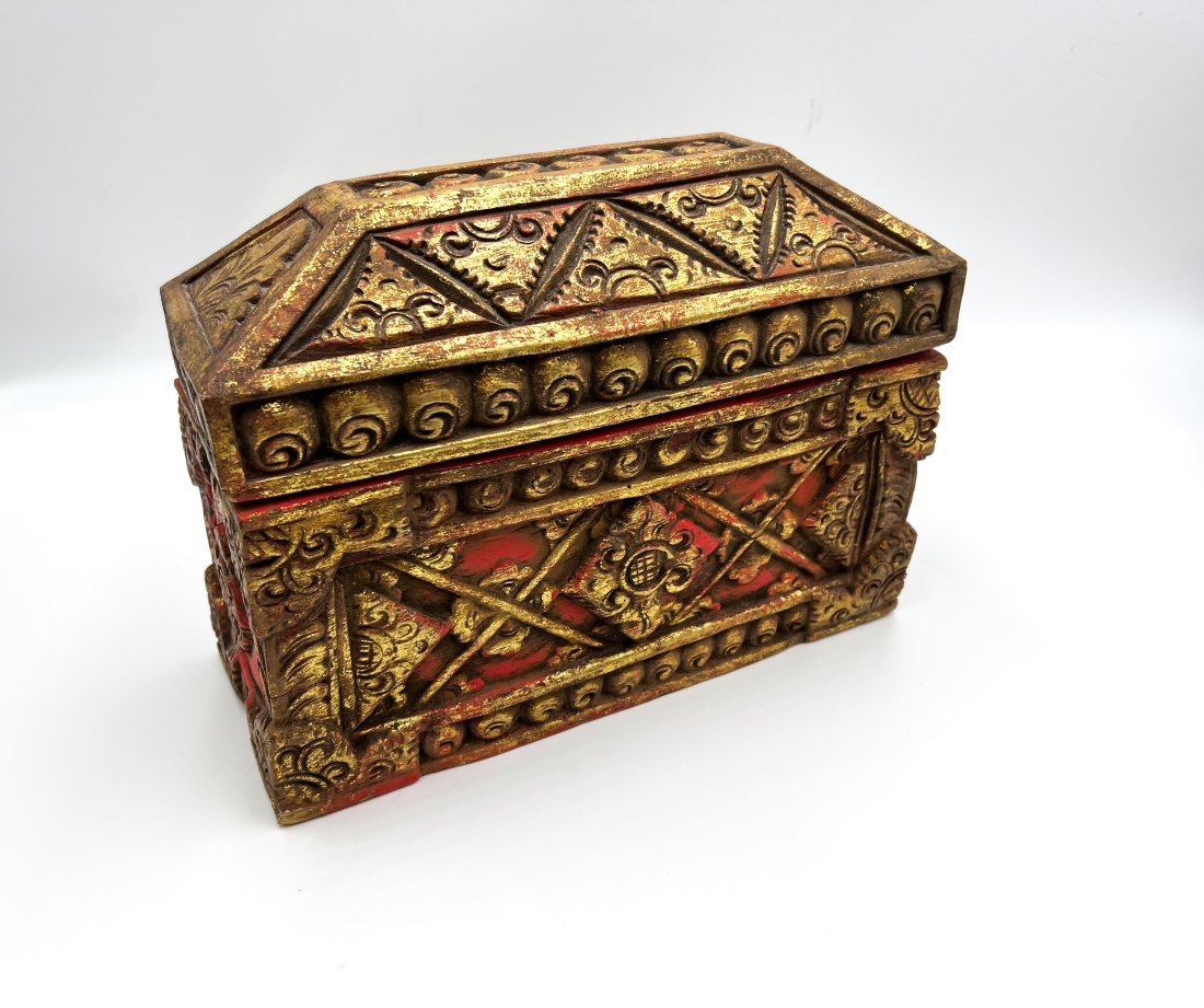 Intricately Hand-Carved Indonesian Lidded Wooden Box Gold & Red (1 of 7)