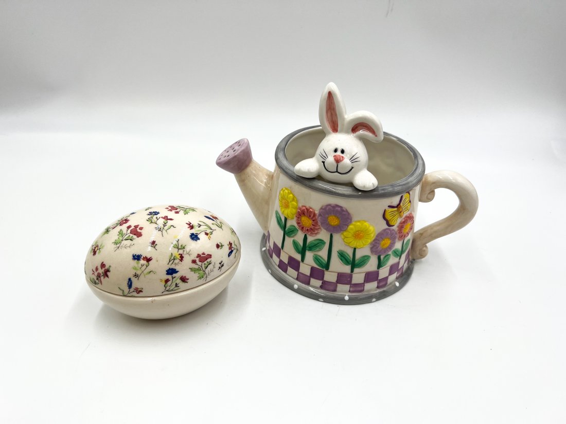 Porcelain Trinket Box Egg and Ceramic Bunny Watering Can (1 of 7)