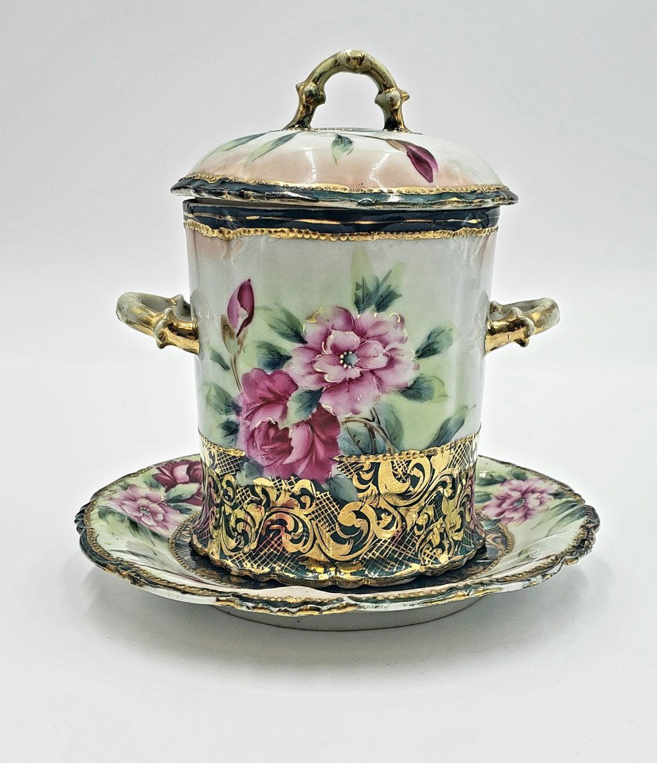 Vintage Japanese Porcelain Covered Jelly / Jam Pot with Plate: Lovely Japanese floral and gold decorated porcelain pot will keep your table looking beautiful by concealing unsightly cans or jars. The fastidious Victorians believed in having a piece of china for e