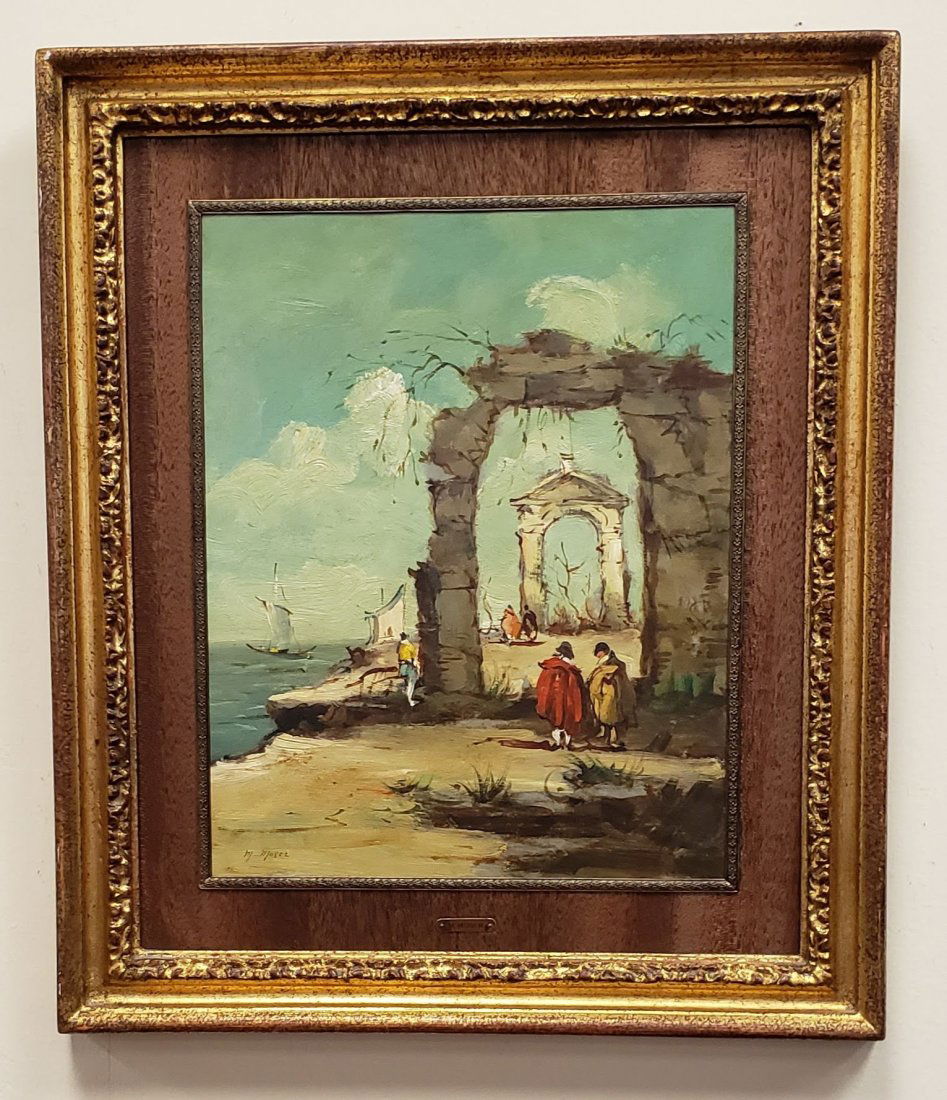 Oil on Board Mediterranean Ruins By the Sea Signed M. Moser (1 of 8)