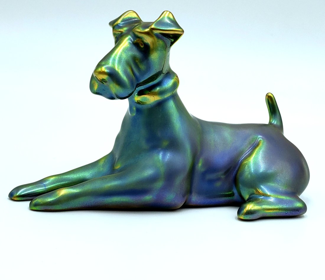 Hungarian Zsolnay Eosin Porcelain Airedale Dog Figurine c.1950's (1 of 7)