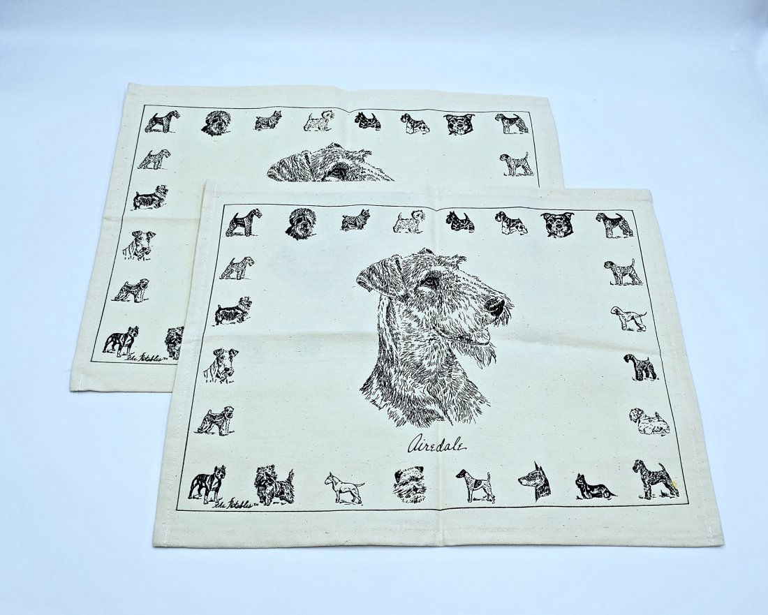 Pair of Cloth Airedale Placemats: Pair of Cotton Cloth Airedale Placemats. DIMENSIONS/inch: 17.75 x 13.50