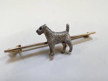Antique 9k Gold and Silver Terrier Bar Brooch, Circa 1920s