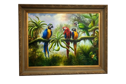 Four Parrots in Conversation, Oil on Canvas by Leon Grassi