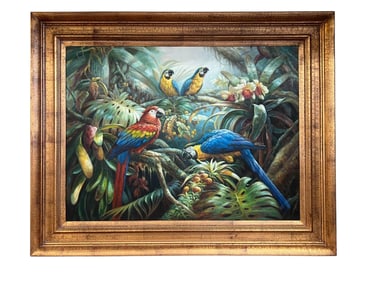 Exotic Oil Painting of Four Brilliant Macaws