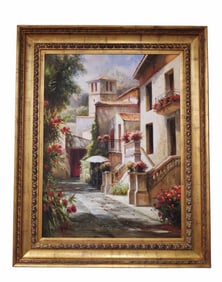 Large Oil on Canvas of a European Village Scene
