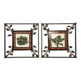 Hand Painted Ceramic Tiles in Wrought Iron Frame Wall Hanging - a Pair