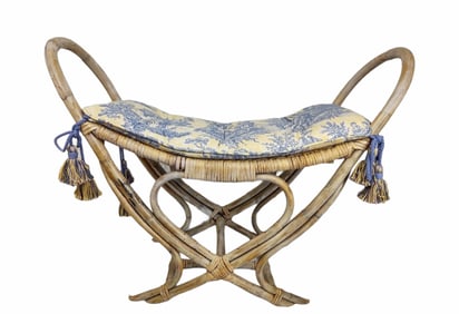 Bamboo & Rattan Vanity Bench With Blue Toile Tufted Cushion