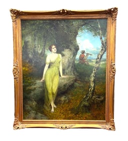 Oil on Canvas After Ferdinand Leeke Titled "Listening Wood Nymph"