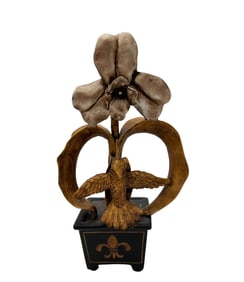 Ornate Tabletop Wooden Flower and Hummingbird Sculpture