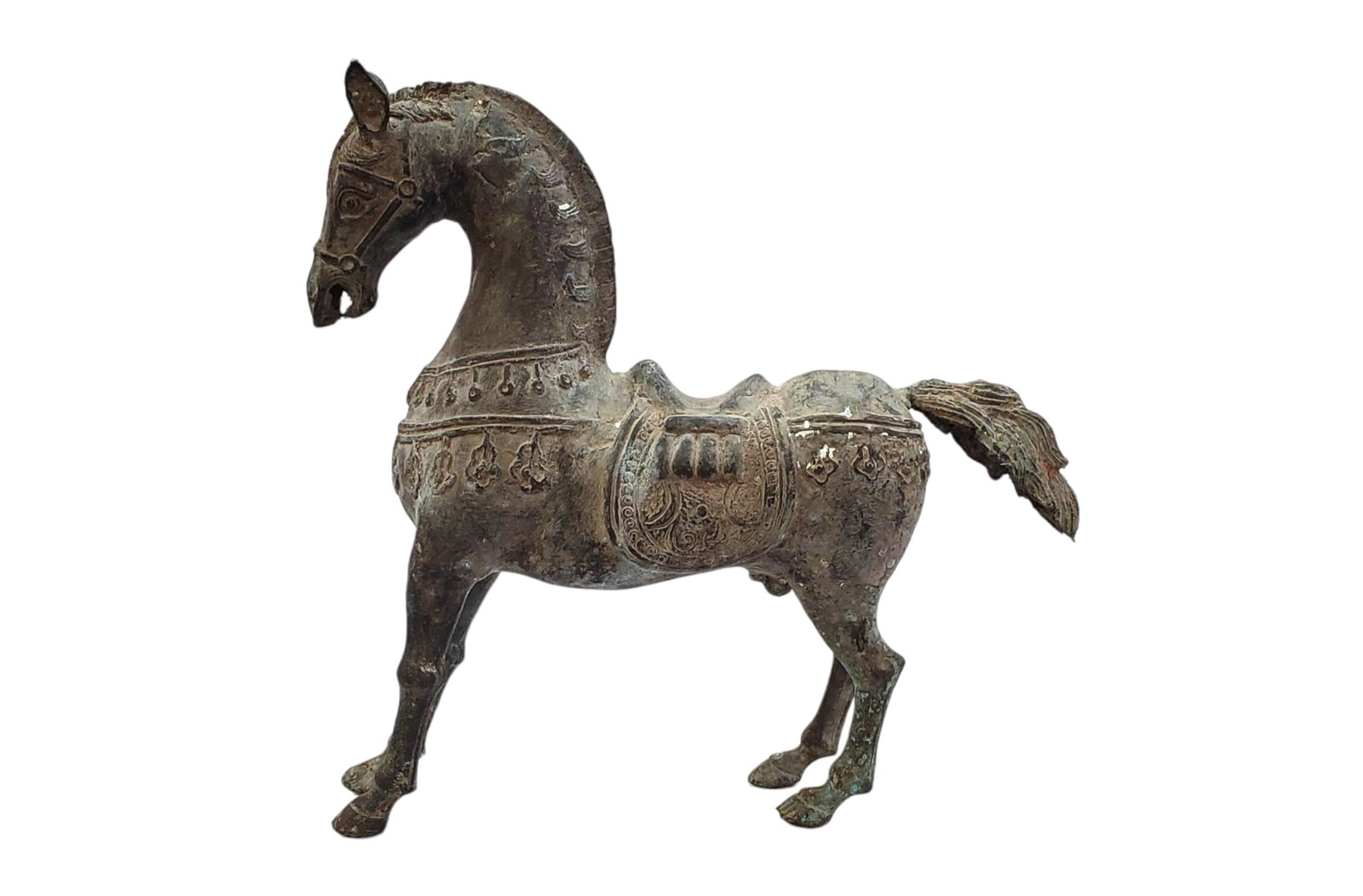 Tang Horse Figurine: Cast bronze sculpture of the stoic horse used by the Tang Dynasty in China. This replica Tang Horse Statue stands tall and proud in a dignified, royal pose Dimensions: 15.5" H x 16" W x 4" D.