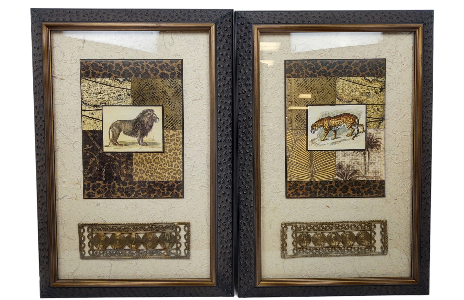Pair of Exotic Mixed Media Collages by John Richard: Pair of mixed media collages by JOHN RICHARD. Crafted on bark paper, encased behind glass, and framed in an ostrich-style frame made of bone. DIMENSIONS:31.5" H x 21.5" W x 2" D